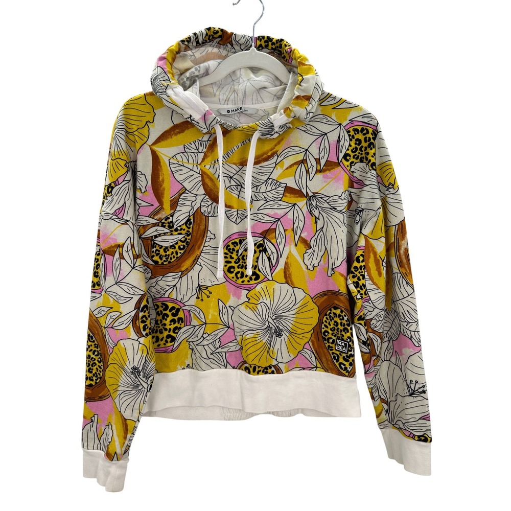 Marea Tropical Floral Fruit Leopard Print Hoodie Sweatshirt Yellow‎ Size Medium